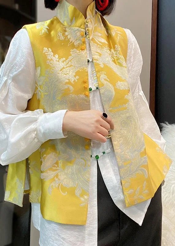 Chinese Style Yellow Stand Collar Embroideried Silk Vest Sleeveless