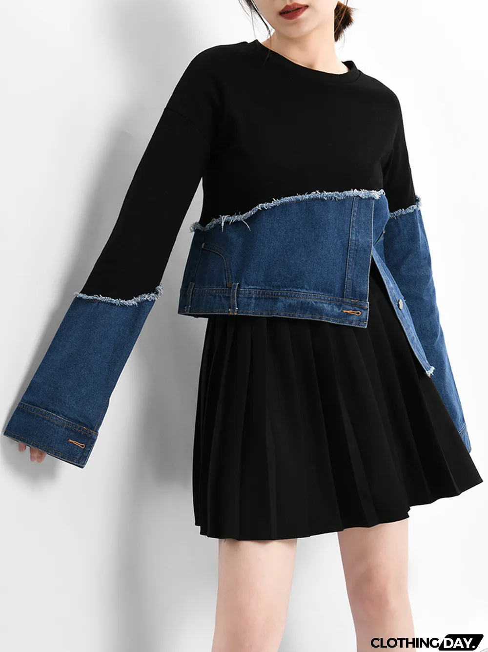 Women Loose Asymmetrical Denim Patchwork Contrast Casual Top