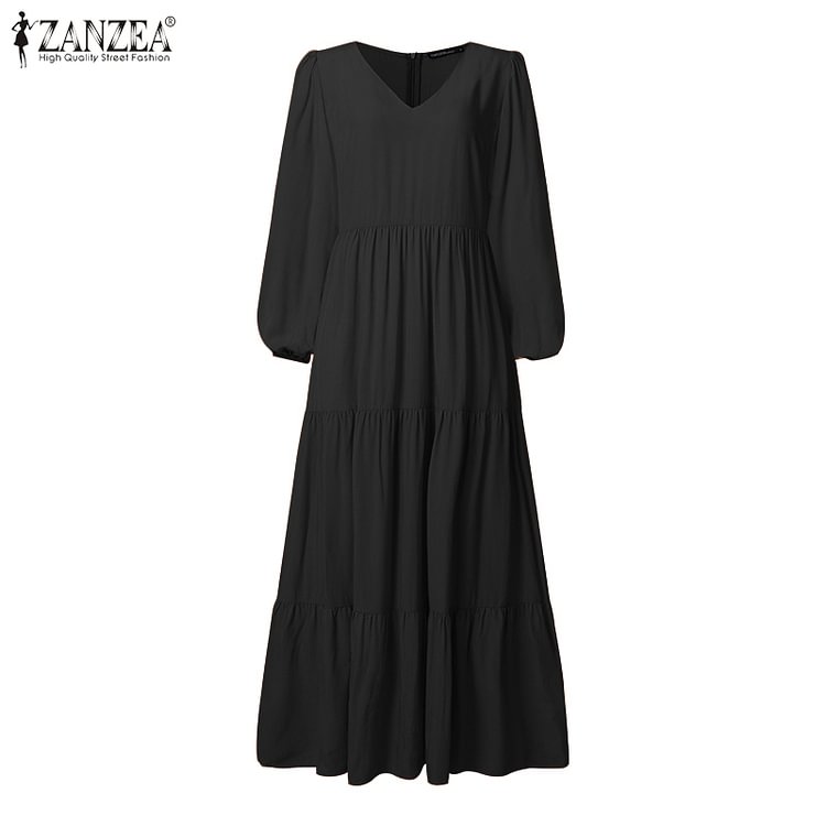 ZANZEA 2022 Stylish Ruffle Maxi Dress Casual Puff Sleeve Tunic Vestidos Female Solid Robe Women's Autumn Sundress