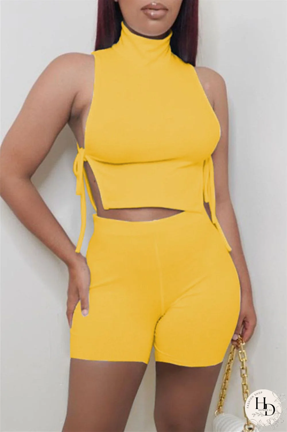 Water Blue Fashion Casual Solid Strap Design Turtleneck Sleeveless Two Pieces