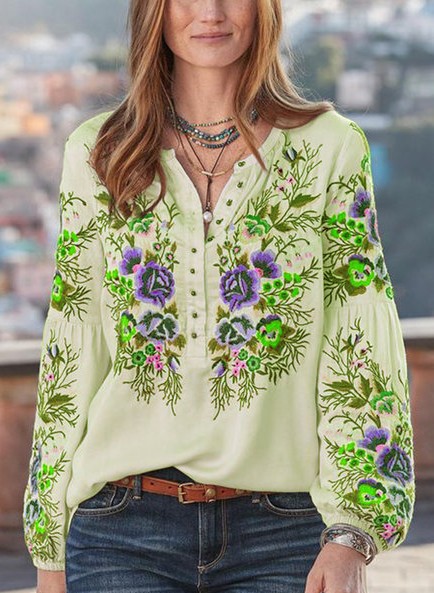 Women's Fashion Long Sleeve Printed Oversized Loose Blouses
