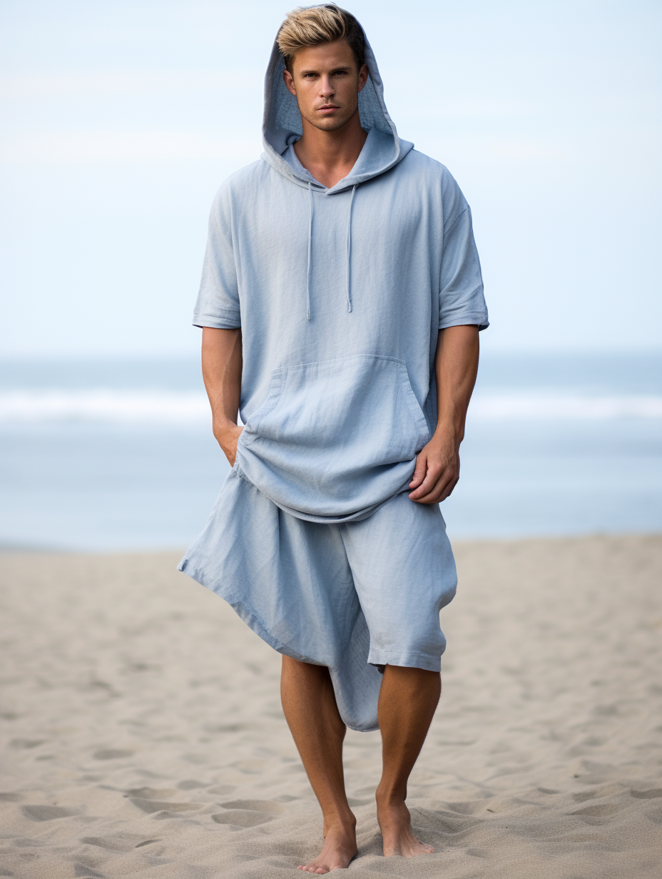 Blue Men Solid Pocket Hoodie Kaftan Long Caftan