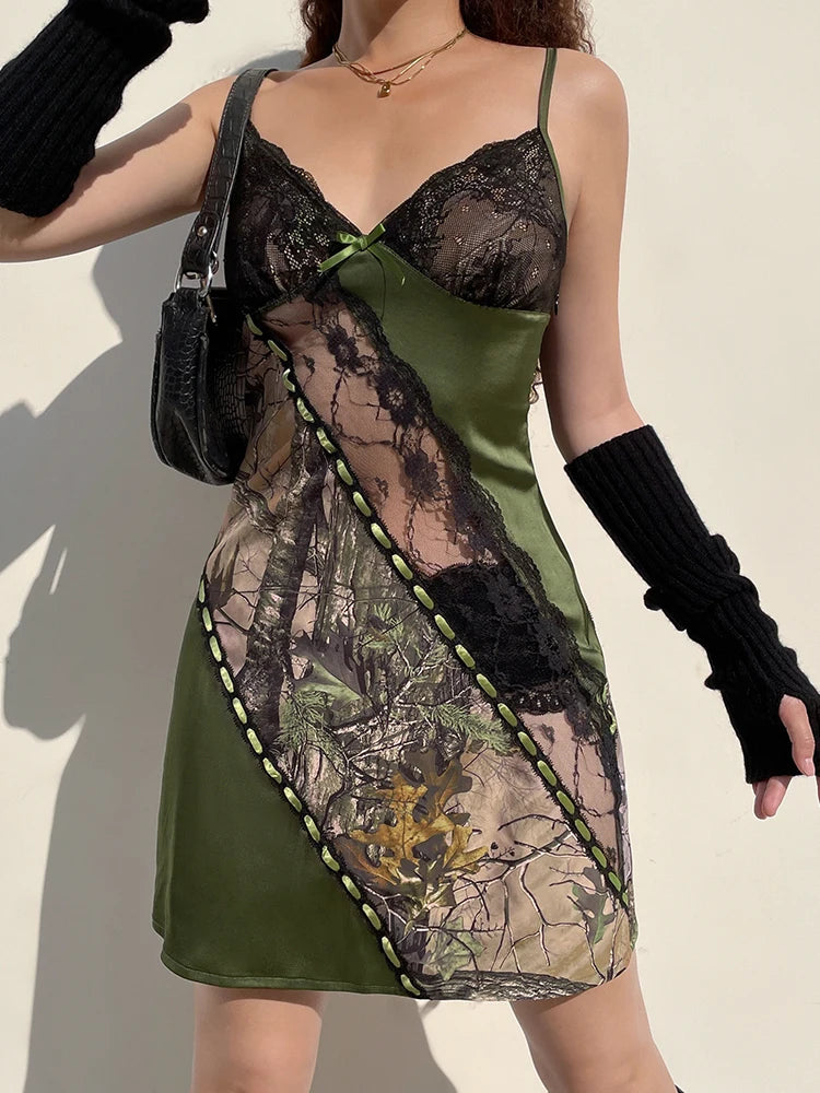 Forest Green Fairycore Plant Print Patchwork Lace Trim Slip Short Dress Women Summer Vacation Clothing LANFUBEISI