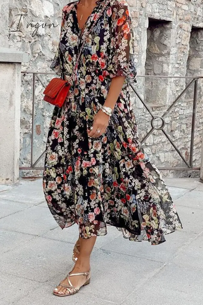 Ingvn - Casual Print Patchwork V Neck Cake Skirt Dresses Black / S Dresses/Print