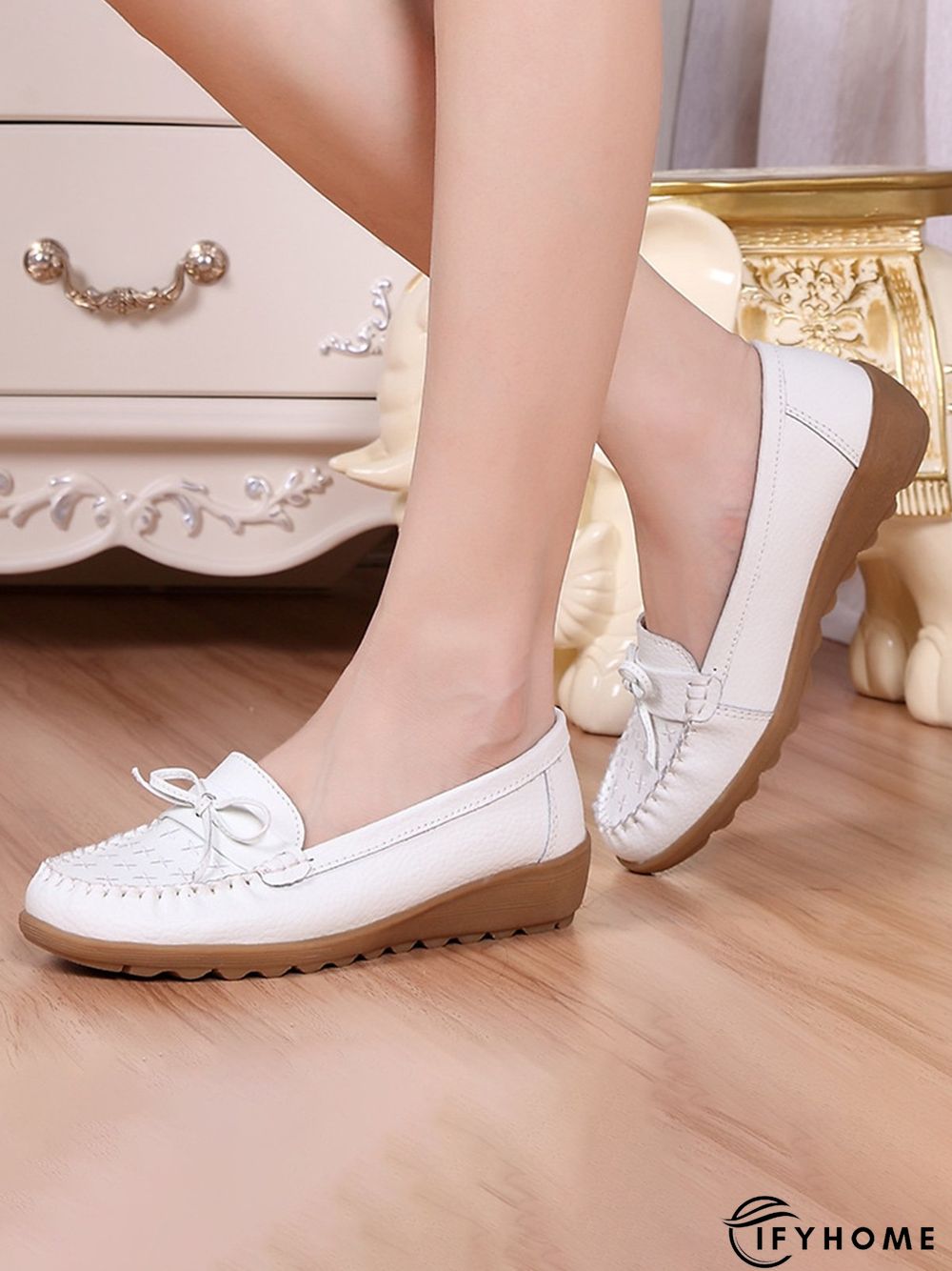 Bow Decor Moccasin Comfy Sole Flat Peas Shoes | IFYHOME