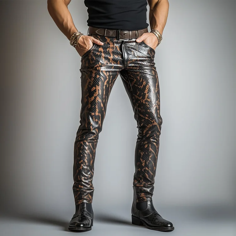 Okaywear PU Leather Snakeskin Pattern Pocket Pencil Pants 
