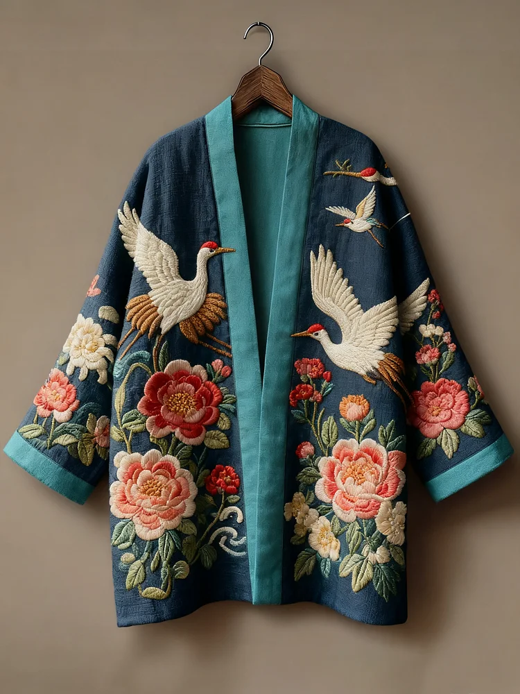 Oriental art landscape painting three-dimensional embroidery linen kimono cardigan