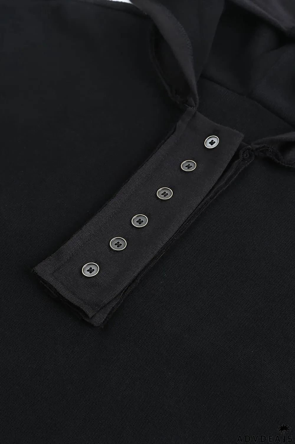 Black Casual Button Solid Patchwork Trim Hoodie