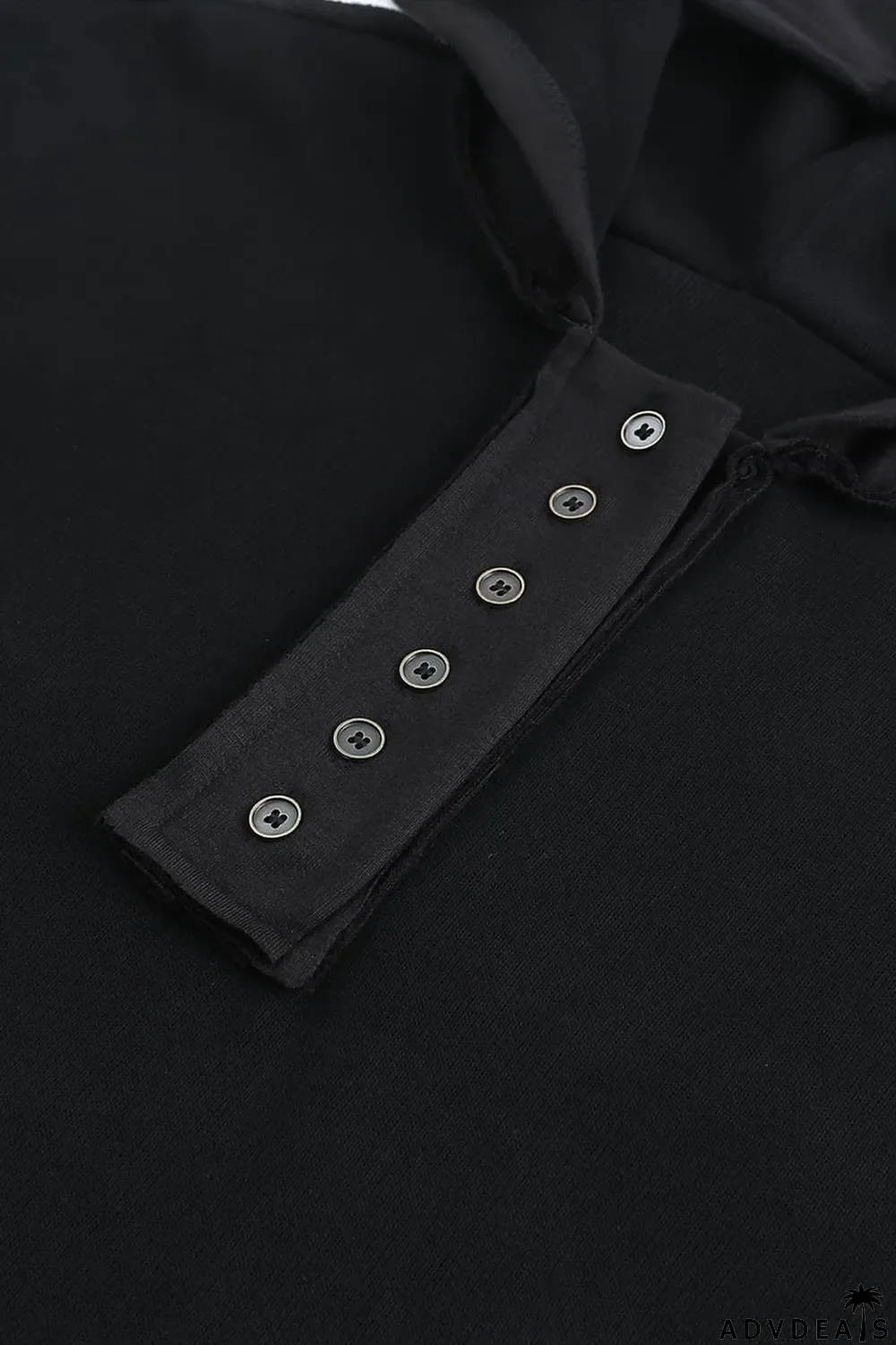 Black Casual Button Solid Patchwork Trim Hoodie