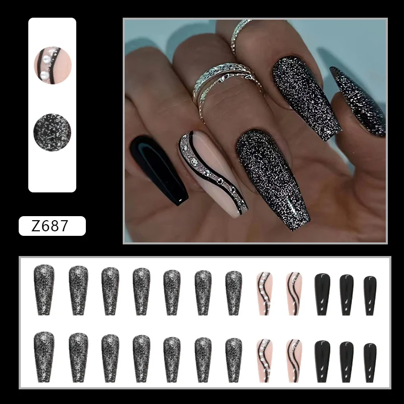 Churchf Churchf Flash Powder Flash Long Ballet Fake Nail Diamond Wear Armor Black Mysterious Ripple Sweet Cool Nail