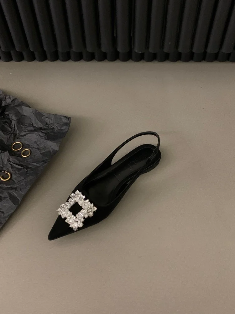 Yyvonne Flat-Bottomed Black-Headed Sandals Fairy Shoes 2025 New Spring And Summer Pointed Drill Temperament Single Shoes