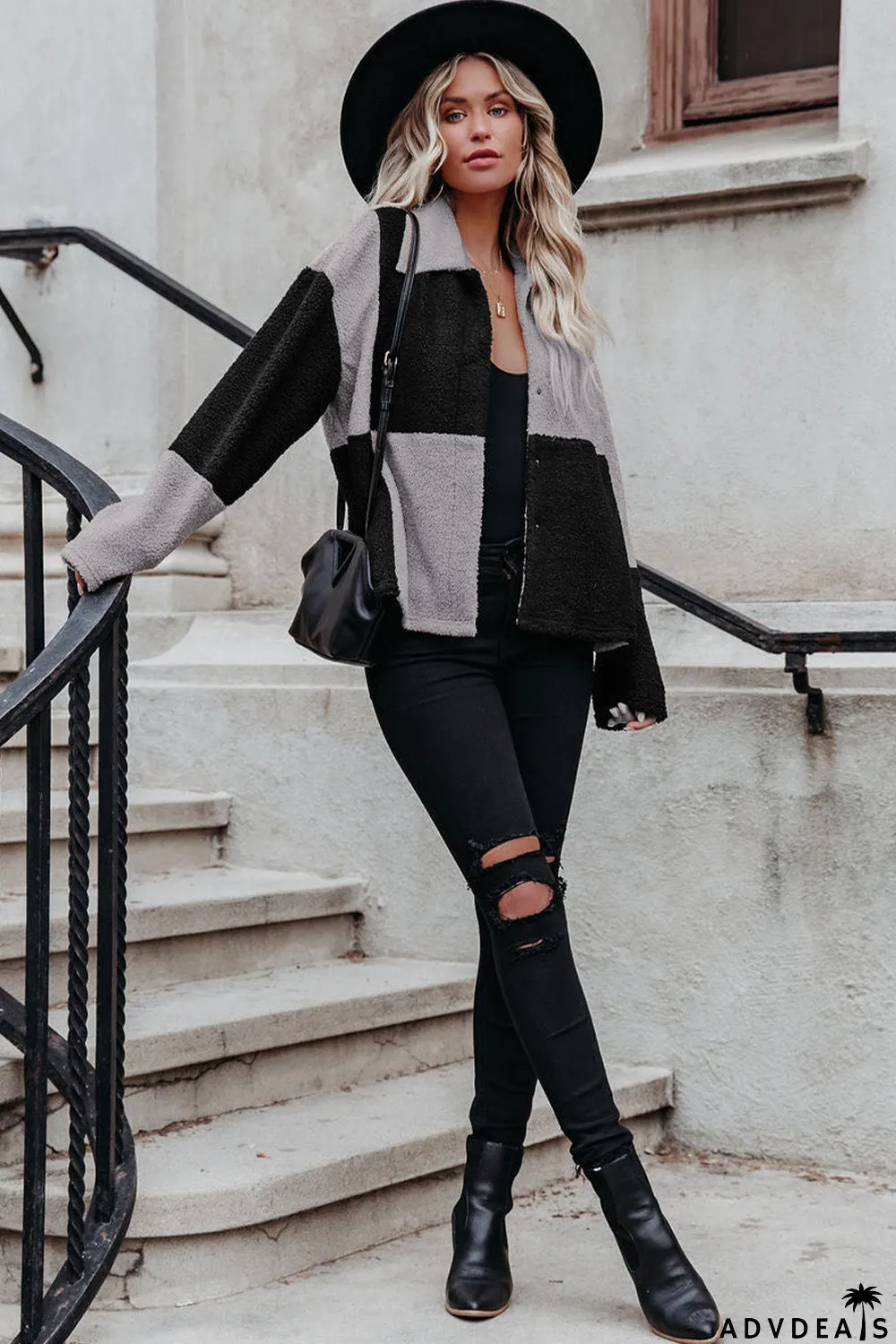 Colorblock Checkered Sherpa Jacket