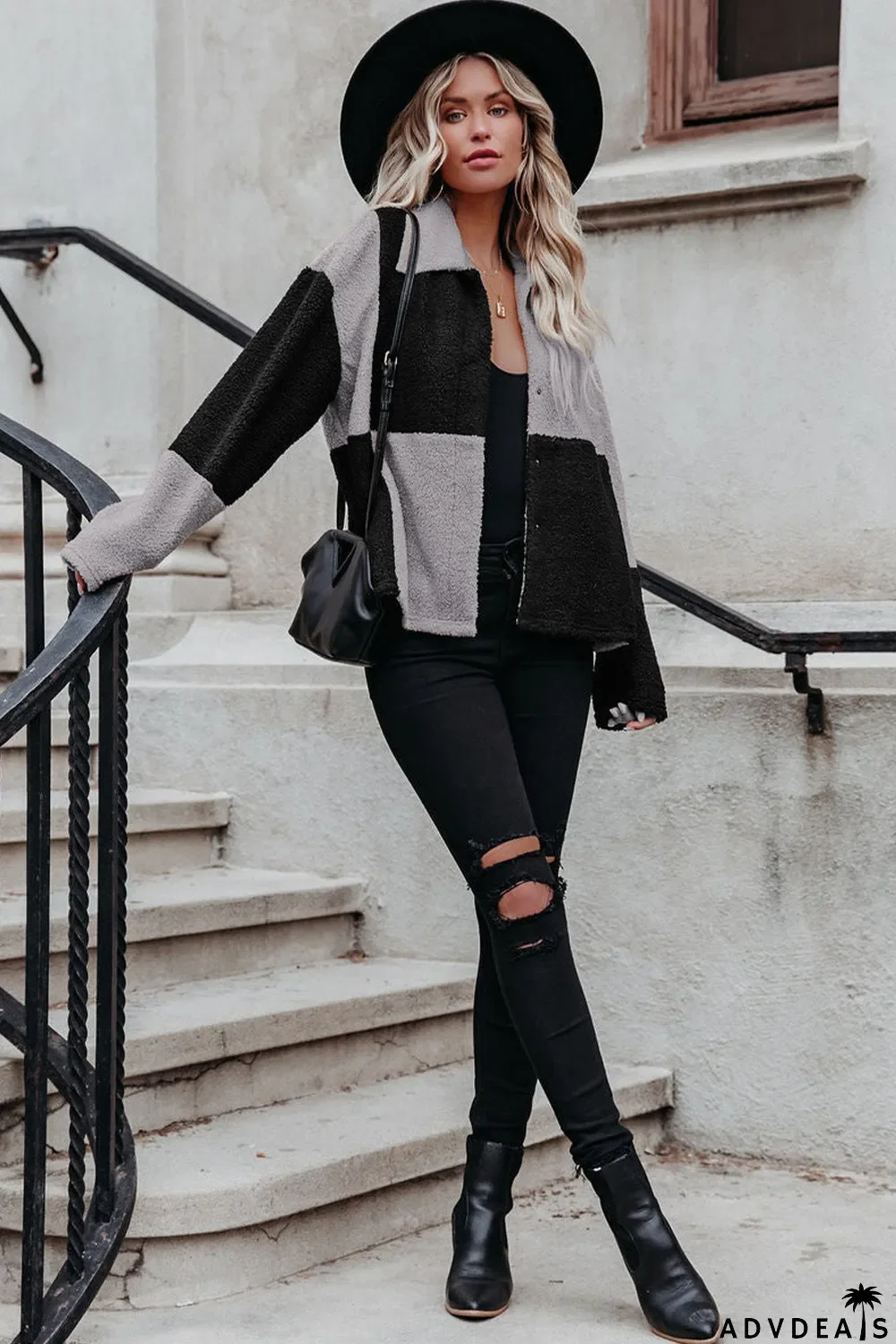 Colorblock Checkered Sherpa Jacket