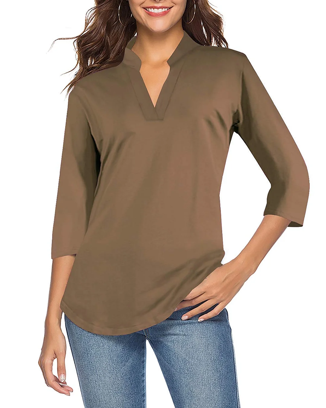 Women's 3/4 Sleeve V Neck Tops Casual Tunic Blouse Loose Shirt