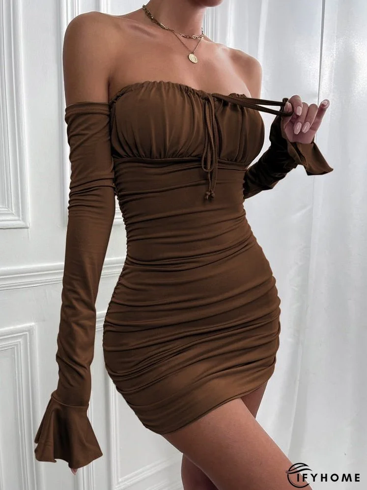 Summer Mini Dresses Women Elegant Off Shoulder Backless Pleated Dress Female Flare Sleeve Lace Up Bodycon Party Club Dress | IFYHOME