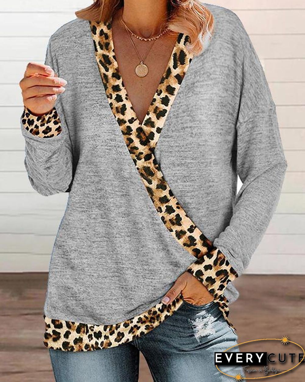 Leopard Patchwork V Neck Loose Fit Shirts&Tops