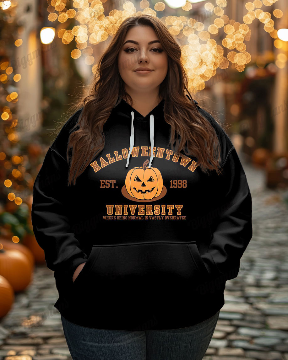 Plus Size Halloweentown University Print Casual Long Sleeve Hoodie