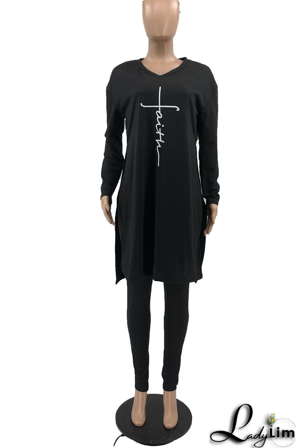 Coffee Casual Print Patchwork Slit V Neck Long Sleeve Two Pieces