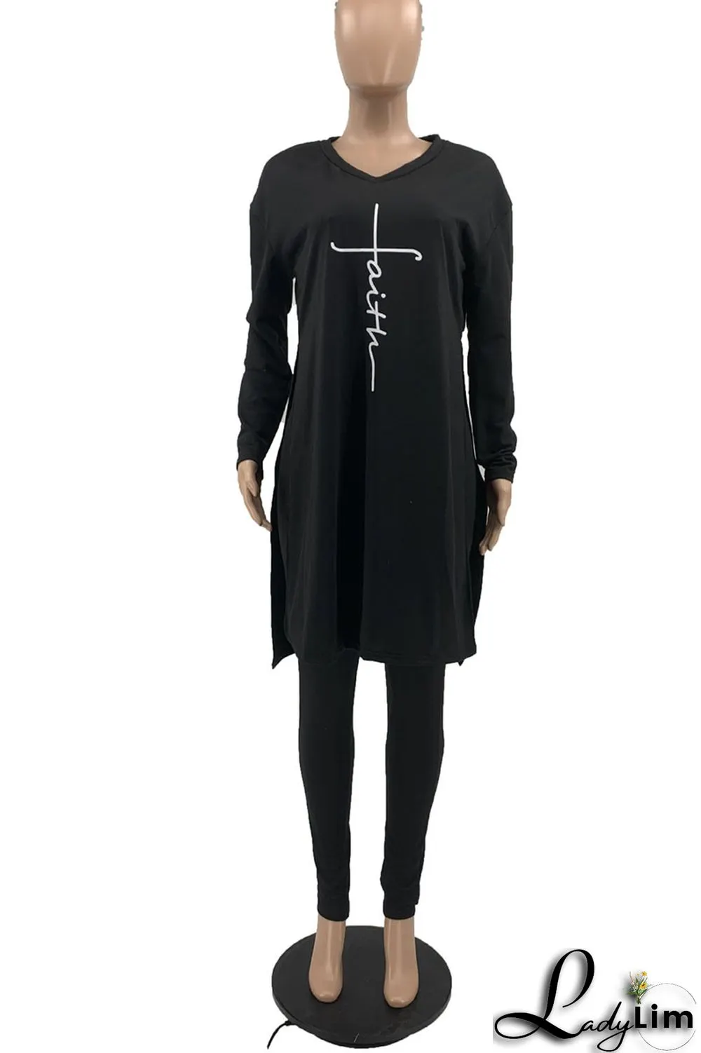 Coffee Casual Print Patchwork Slit V Neck Long Sleeve Two Pieces