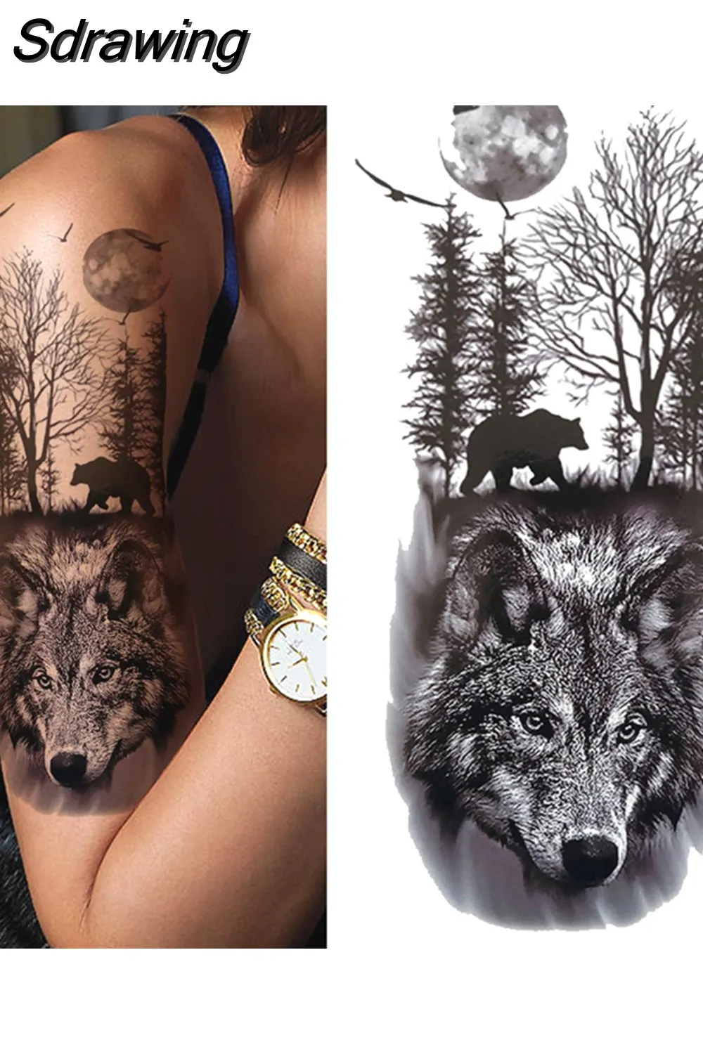 Sdrawing Lion Temporary Tattoo For Women Men Adult Skull Tiger Wolf Forest Tattoo Sticker Black Fake Realistic Demon Tatoos Forearm 430-1