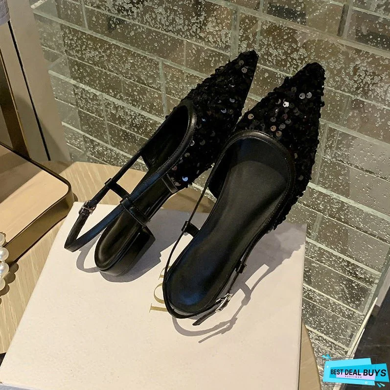 Women Sequin Pointed Toe Flat Slingback Pumps