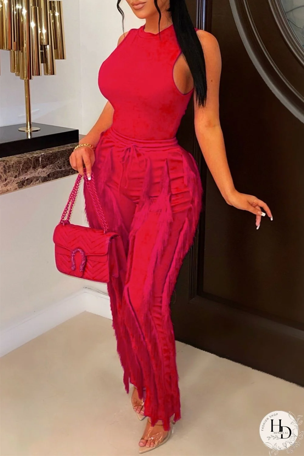 Red Fashion Casual Solid Tassel Patchwork O Neck Sleeveless Two Pieces