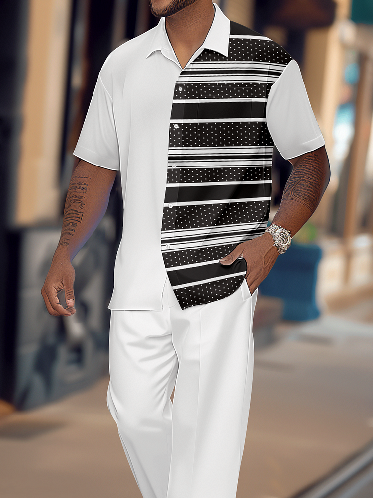 Men's black and white short-sleeved shirt walking suit 1170