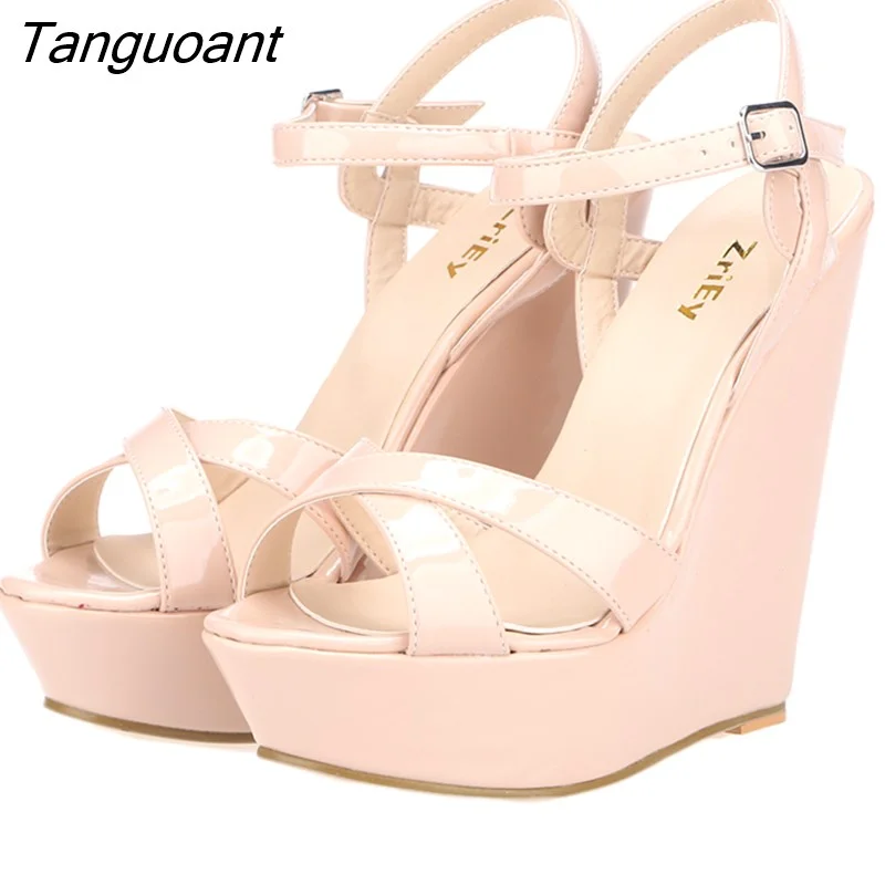 Tanguoant Open Toe Ankle Strap Platform Wedge Women Sandals 14cm Super High Heels Gladiator Ladies Shoes Buckle Summer