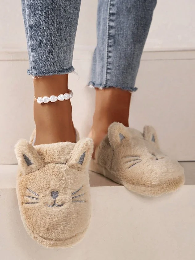 Cartoon Cat Design Embroidery Slip-on Fluffy Home Slippers socialshop