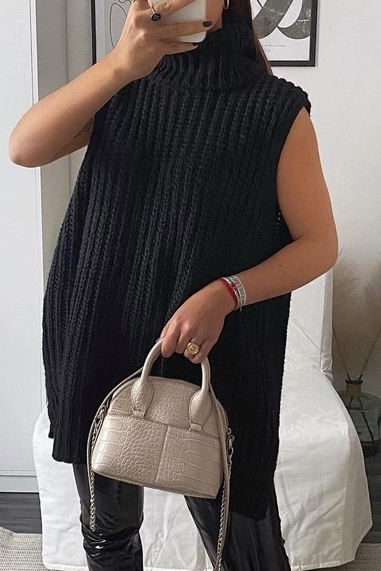 Turndown Collar Sleeveless Casual Sweater