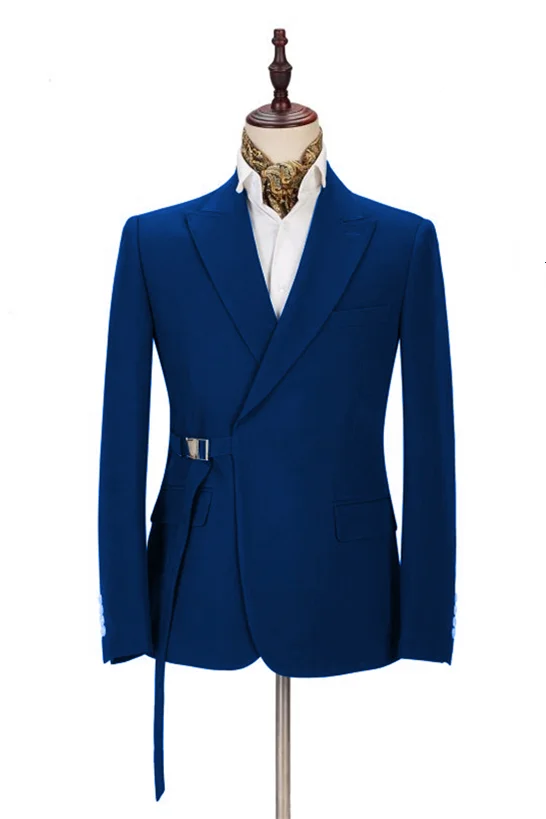 Fashion Royal Blue Peak Lapel Tuxedo Suit With Buckle Button For Wedding