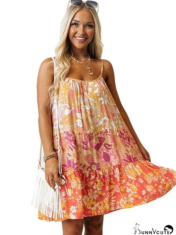 Floral Print Suspender Chiffon Seaside Beach Dress