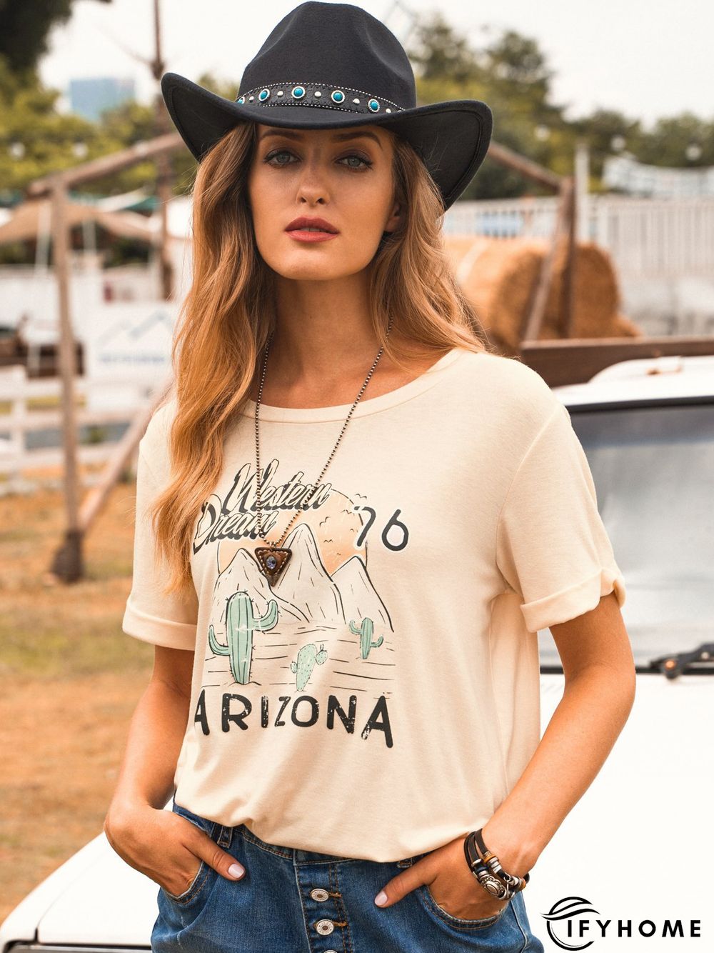 Apricot Short Sleeve Printed T-shirt | IFYHOME