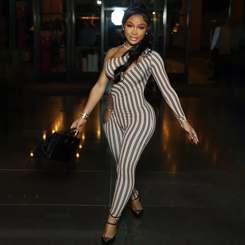Uveng Uveng Women's Autumn And Winter Striped Print Sexy One-Shoulder Long-Sleeved Foot Jumpsuit