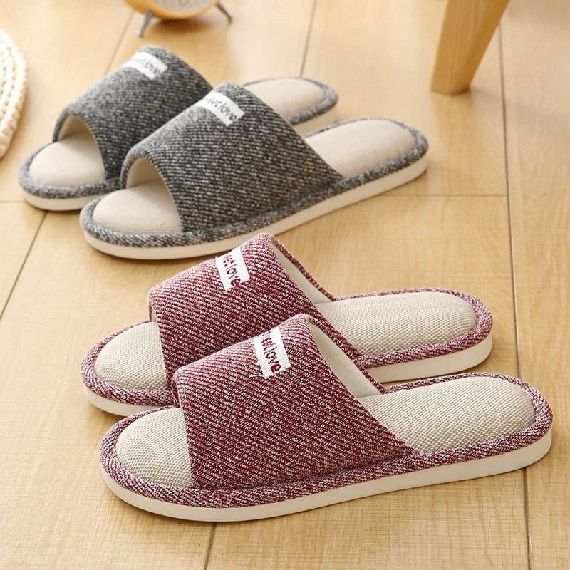 Men and Women Home Linen Slippers Home Indoor Non-slip Soft Bottom Summer Sandals Couple Four Seasons Cotton and Linen