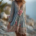 Boho Pink Roses Cottagecore Floral Linen Mini Dress - Image 2