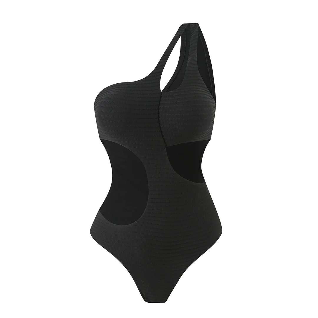 Brownm 2024 New Solid-Color One-Shoulder Sexy Hollow One-Pack Swimsuit Bikini Bikini