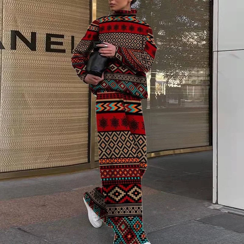 Casual Two Piece Outfits Graffiti Printing Sweatshirt Suits Women Streetwear Turtleneck Top + Wide Leg Pants Tracksuit 2 PC Sets