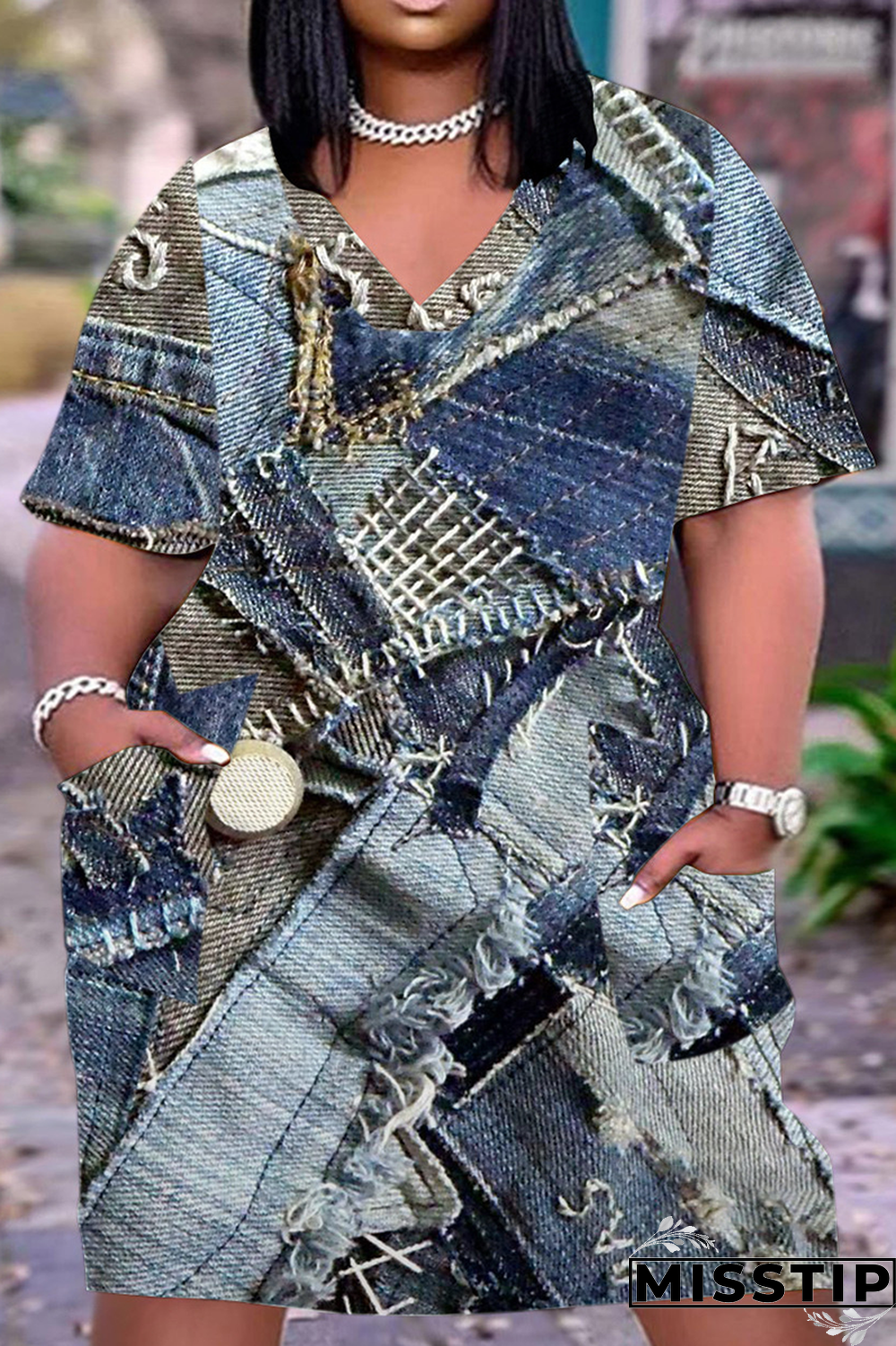 Cowboy Blue Casual Street Vintage Print Make Old Pocket Neck Line Plus Size Dress