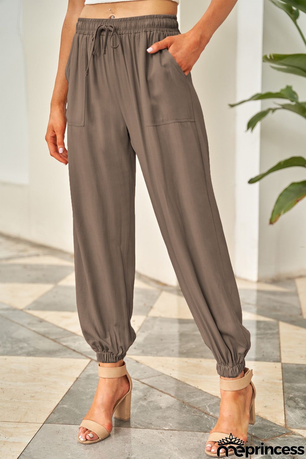 Women Brown Drawstring Elastic Waist Pull-on Pockets Casual Pants