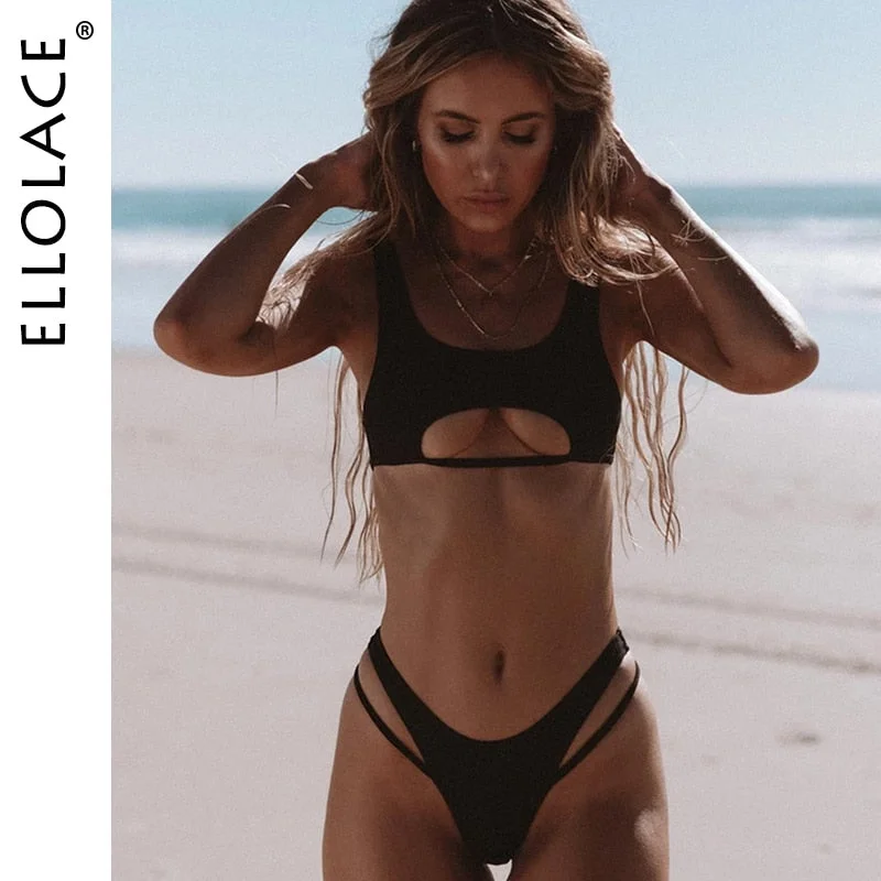Ellolace Sexy Bikini Hollow Out Women's Swimsuit High Cut Micro Swimwear 2022 Stylish Bathing Suit Beach Outfits 2 Pieces