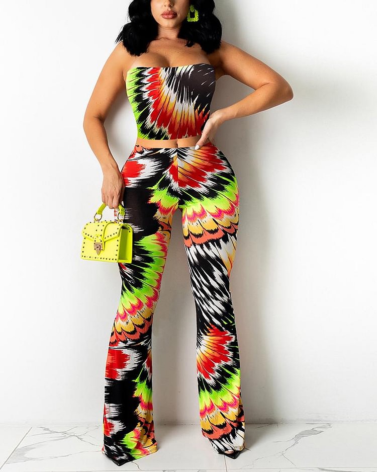 Feather Pattern Print Flare Leg Crop Tube Top & Pants Set - Shop Trendy Women's Clothing | LoverChic