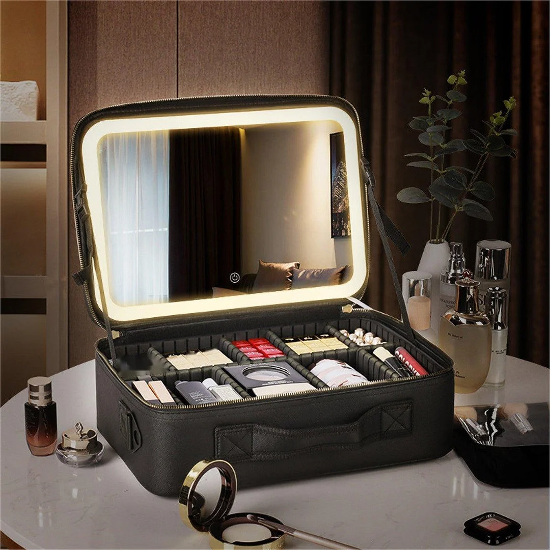 Travel Makeup Organizer Bag with Light Up LED Mirror