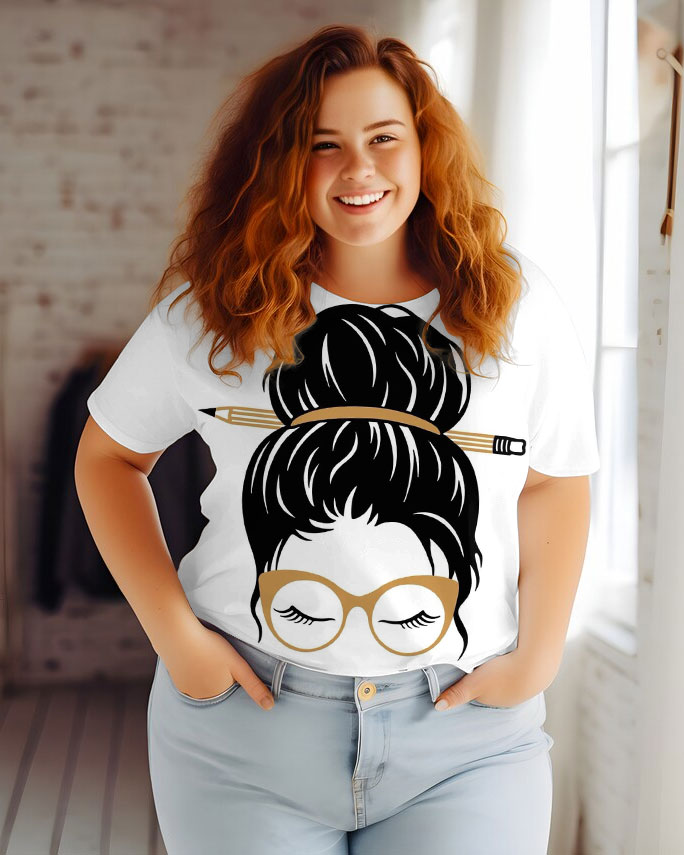 Women's Plus Size Messy Bun Art Round Neck Short Sleeve T-Shirt