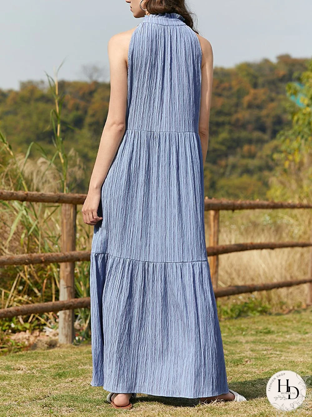 Solid Button Stand Collar Sleeveless Maxi Dress For Women