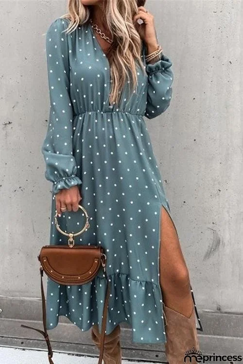 Dot Button Ruffels Slit Maxi Dress