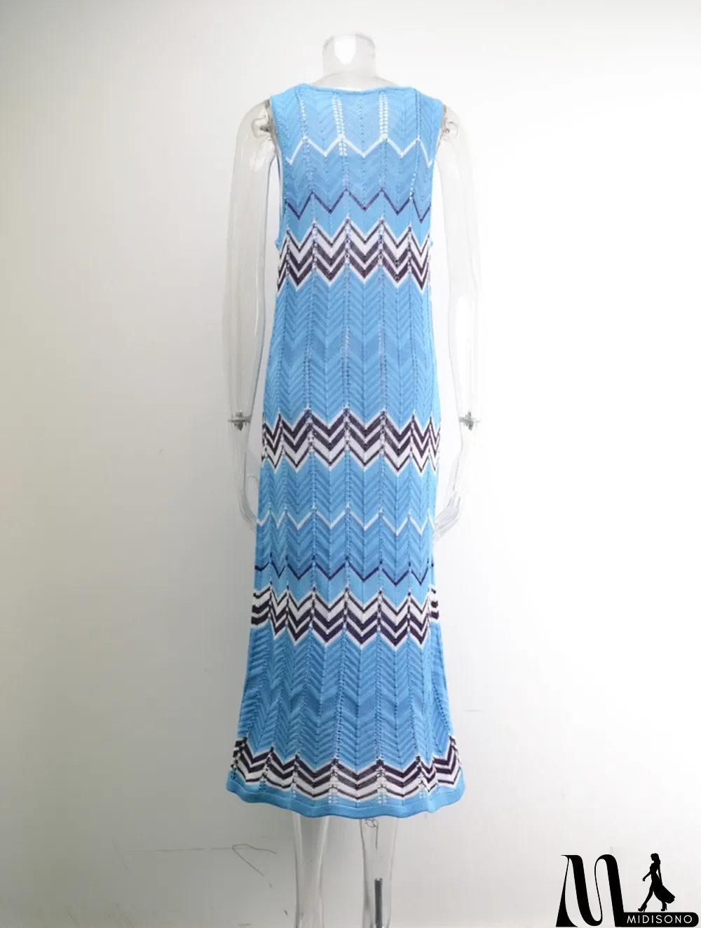 MidiSono - Women Summer Blue Hollow Knitted Stitching Plus Size Long Seaside Holiday Skirt