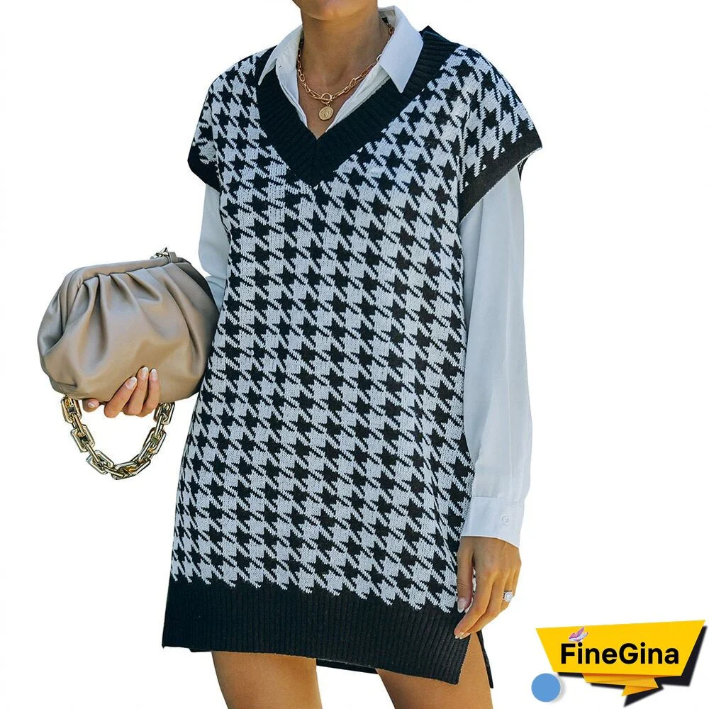 Women Houndstooth Sweater Vest Vintage V Neck Sleeveless Pullover Loose Chic Knitwear Plaid Spring Autumn Office Ladies Tank Top