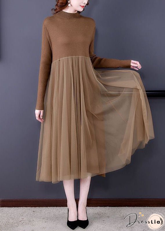 Unique Khaki Stand Collar Tulle Patchwork Knit Long Dress Long Sleeve