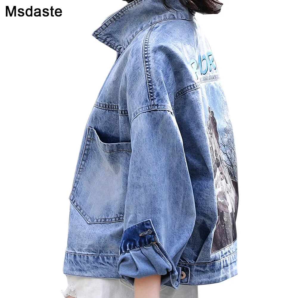 Women Denim Jacket Coat Autumn 2019 New Long Sleeves Jeans Jackets Print Tops Casaco Feminino Single Breasted Casual Coat